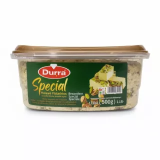Durra Special Halawa Pistachios in rectangular plastic tub