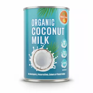 Can of Naturi Fresh organic coconut milk with coconut splash design