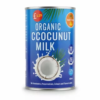 Can of Naturi Fresh Organic Coconut Milk with blue label and coconut image
