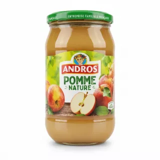Glass jar of Andros Natural Apple Puree with green lid and label showing ripe apples