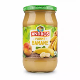 Glass jar of Andros apple banana fruit purée with labelled lid