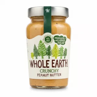 Jar of Whole Earth Crunchy Peanut Butter with label showing no added sugar
