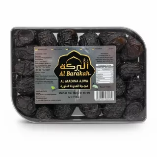 Pack of Al Barakah Al Madina Ajwa dates in a transparent box