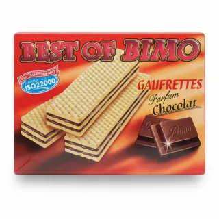 Bimo chocolate flavoured wafers in red packaging