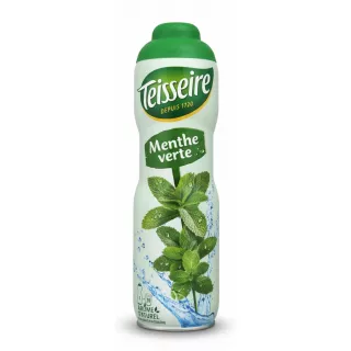Teisseire Green Mint Syrup bottle front view with mint leaves and splash design