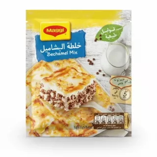 Maggi brand bechamel sauce mix pack showing lasagna dish