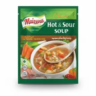 Maizona Chinese Hot & Sour Soup packet front with bowl of soup image