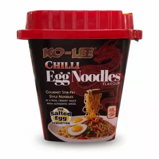 Ko-Lee Chilli Egg Noodles instant cup packaging front view prominent and on white background