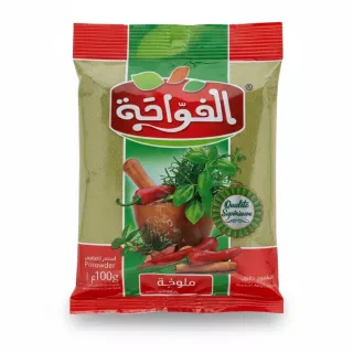 Packet of Fawaha Molokhia Powder featuring green leaves and red chili illustration