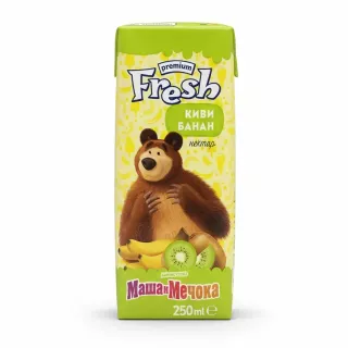 Fresh kiwi banana nectar juice pack with animated bear character on front