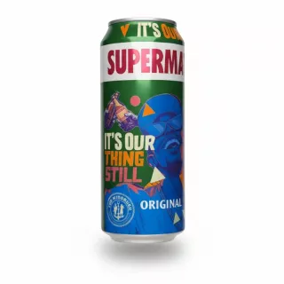 Supermalt Original malt drink can held in hand front view