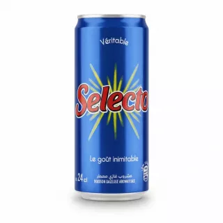 Blue can of Selecto flavoured soda drink in hand