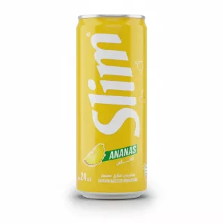 Slim pineapple flavoured soda in bright yellow slim can