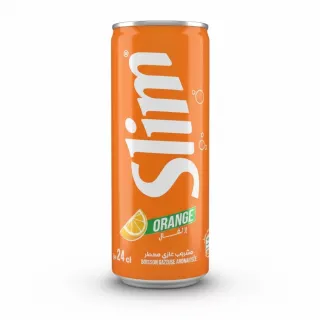 Slim Orange flavour soda can held in hand