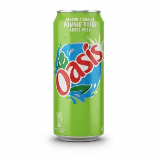 Oasis soft drink can with apple pear flavour on a white background