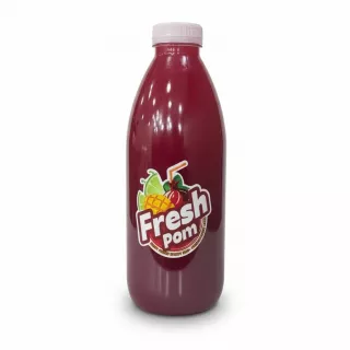 Bottle of Fresh Pom natural pomegranate juice with colourful label