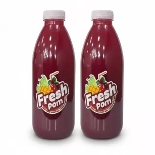 Twin Bottles of Fresh Pom natural pomegranate juice with colourful label