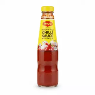 Bottle of Maggi Authentic Malaysian Chilli Sauce with Garlic, front label view enlarged and on a white background