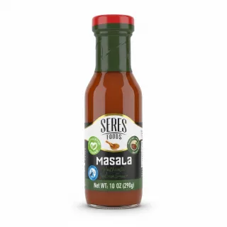 Front view of Seres Foods Masala Authentic Indian Sauce bottle with red and green label on a white background