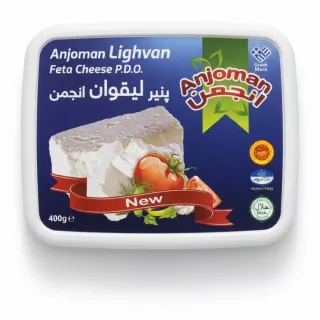 Top view of Anjoman Lighvan Feta Cheese P.D.O. plastic tub packaging