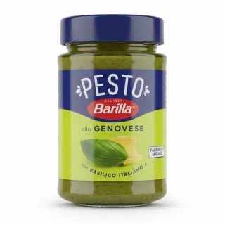 Jar of Barilla Pesto Alla Genovese with green basil sauce