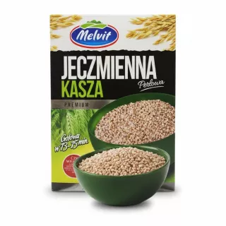 Box of Melvit Pearl Barley Groats with green bowl showing barley grains