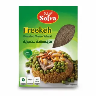 Sofra brand Freekeh roasted green wheat in green packaging