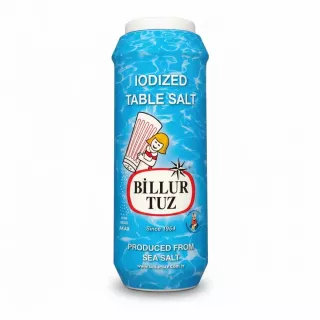 Billur Tuz iodized table salt in a blue shaker bottle