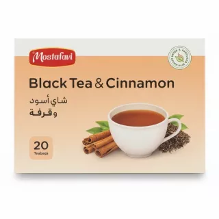 Mostafavi Black Tea & Cinnamon box front showing tea cup and cinnamon sticks