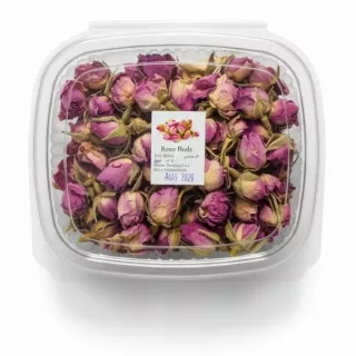packaged dried rose buds in plastic container