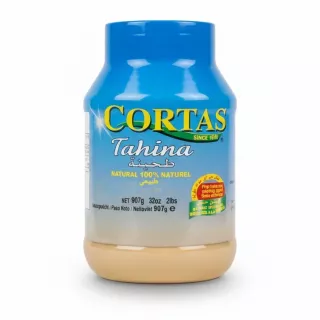 Jar of Cortas Tahina showing front label with blue lid