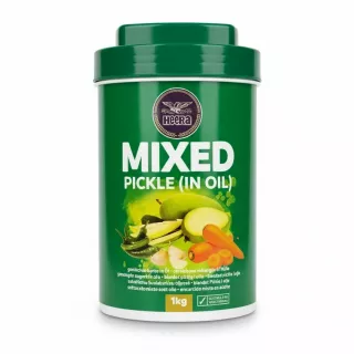 Heera brand mixed pickle container front view with green lid