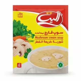 Elite brand mushroom cream soup package front showing bowl of creamy mushroom soup with fresh mushrooms and vegetables