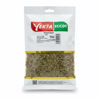 Front view of Yekta Foods Dried Basil packet showing brand logo and product details