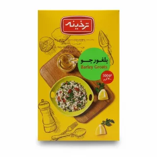 Tarkhineh Barley Groats front packaging showing product and dish