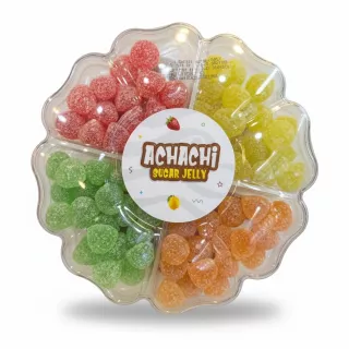 Achachi brand sugar jelly in mixed fruit flavours in a clear divided plastic tray