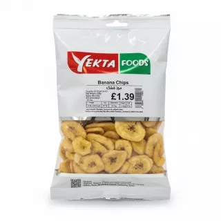 Front view of Yekta Foods Banana Chips pack showing banana slices inside