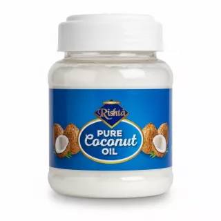 Jar of Rishta Pure Coconut Oil with blue label and white lid