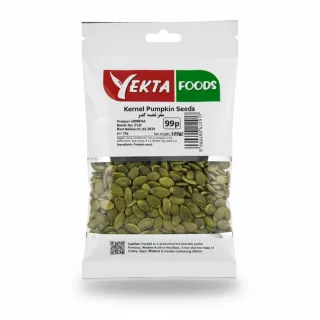 Front view of Yekta Foods Kernel Pumpkin Seeds pack showing label and green seeds