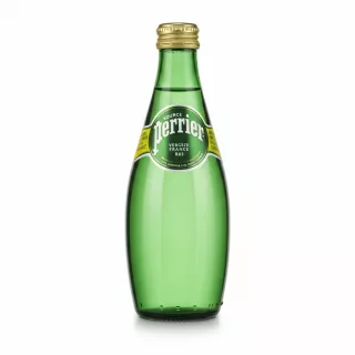 Green glass bottle of Perrier sparkling mineral water