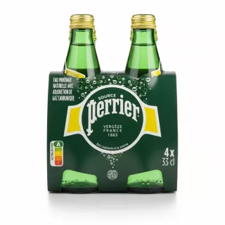 Perrier sparkling mineral water pack of four green glass bottles