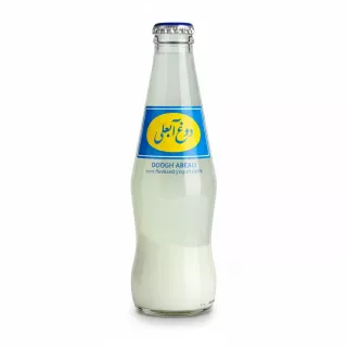 Glass bottle of Doogh Abeali mint flavoured yoghurt drink
