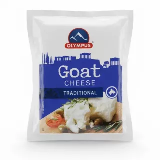 Olympus traditional goat cheese packaged in vacuum-sealed 150g pack with blue and white label