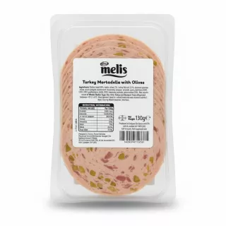 Back label of Melis Turkey Mortadella with Olives showing nutrition and ingredients