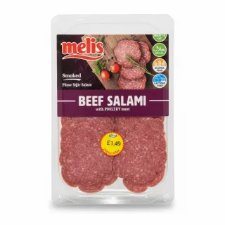 Melis smoked beef salami with poultry meat slices in clear packaging