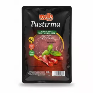 Front packaging of Melis Pastirma spicy cured beef
