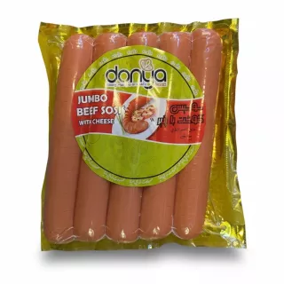 Pack of Donya jumbo beef sausages with cheese in yellow packaging