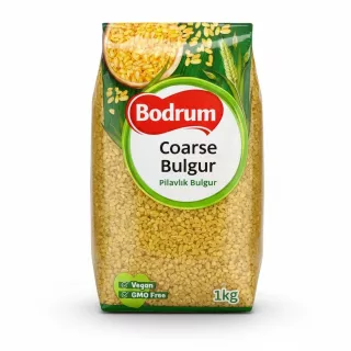 Pack of Bodrum coarse bulgur wheat showing grains inside clear packaging
