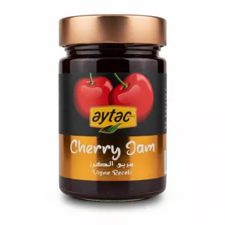 Jar of aytac Cherry Jam with cherry illustration on label