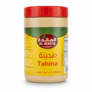 Jar of Al Maeda Tahina Sesame Paste with red lid